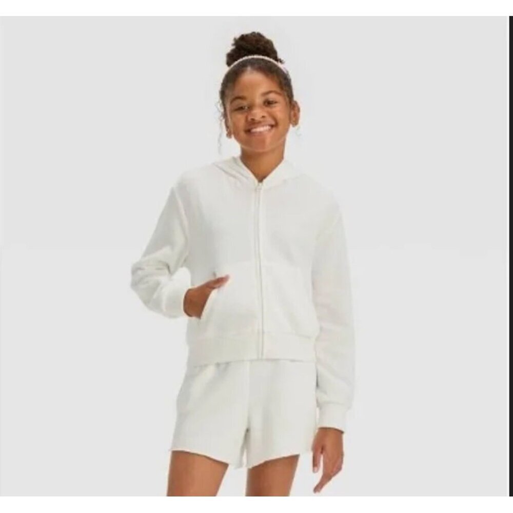 Art Class Girl's White Zip-Up Hoodie Sweater Size L 10/12 NWT